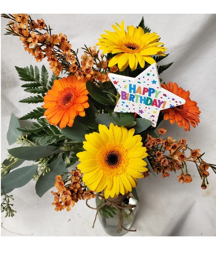 HAPPY BIRTHDAY GERBERA BRIGHTS...(B) 4 gerbera Daisies in a vase with filler and a HAPPY BIRTHDAY PIC! ( colors could vary)