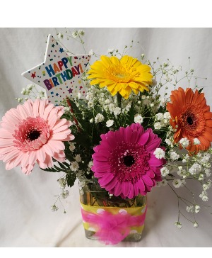 Happy Birthday Gerbera Delight...(B) 4 gerbera daisies In a cute rectangular vase with Happy Birthday Pic and filler flower