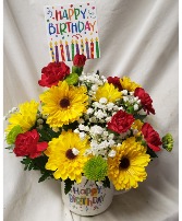 Happy Birthday mug with bright flowers (B) and HB PIC WOODEN (COLORS AND FLOWERS COULD VARY)