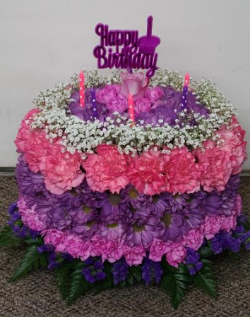 Happy Birthday Pink & Purples Floral Cake  B-11 Fresh Flower Arrangement (Local Delivery Only)