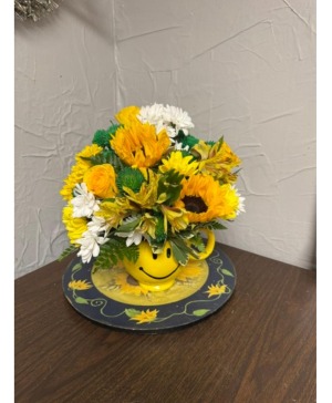 Happy face with sunflower vased