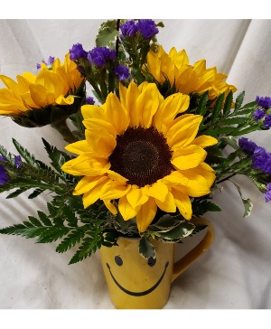Happy Face with Sunflowers!..3 sunflowers  (E) in happy face mug with seasonal filler!