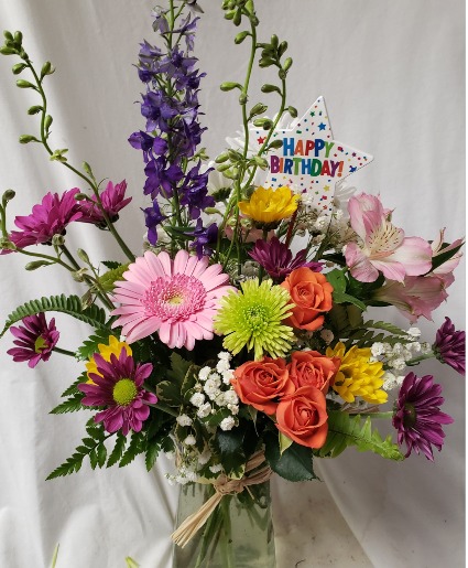 HAPPY BIRTHDAY DELIGHT...seasonal  (B) bright mixed flowers arranged in vase with Happy Birthday Pic!