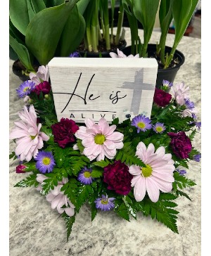 "He is Alive" Easter Arrangement with Wood Plaque