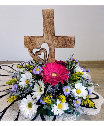 He Is Risen Wooden Cross with fresh  in New Castle, IN | WEILAND'S FLOWERS