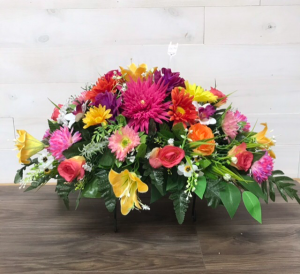 Colourful Headstone Saddle Silk flowers