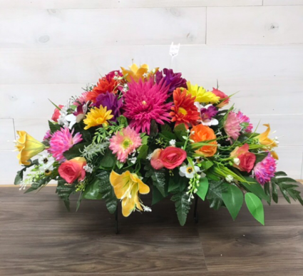 Colourful Headstone Saddle Silk flowers
