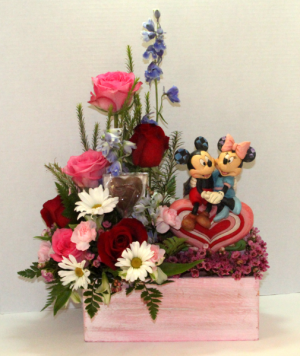 Heart to Heart 1/2 dozen premium roses with Chocolate Heart and Mickey and Minnie