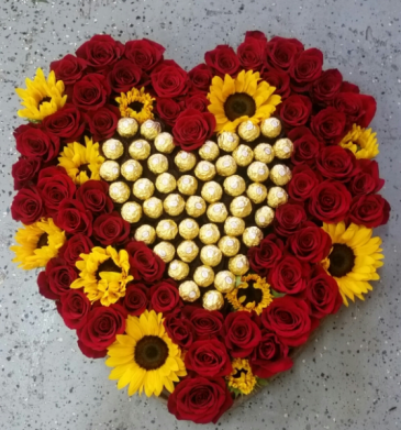 Heart with red roses, sunflowers and chocolates  in Merced, CA | Maggie's Floral Merced