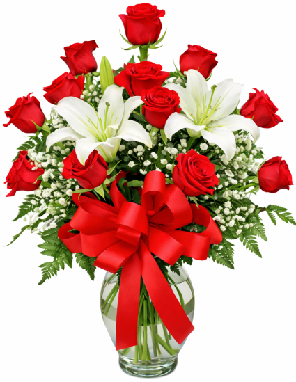 Heartfelt Dozen Roses with Oriental Lilies Vase Arrangement