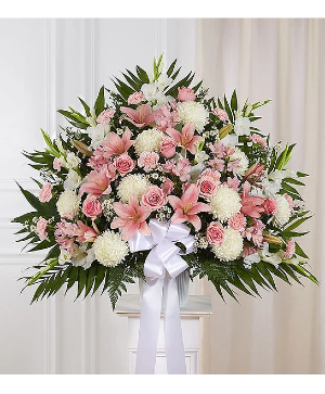Heartfelt Sympathies  Pink &Whit Funeral Standing Basket