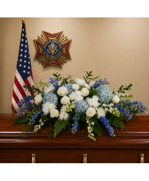 Heaven's Blue Promise Casket Spray Call Us for Faster Service & Daily Specials: (915) 303-8500 Text Us to Order Anytime: (915) 505-3708 Your trusted source for Flowers & Delivery in El Paso TX 