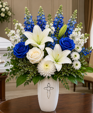 Heaven's Blue Promise Vase Call Us for Faster Service & Daily Specials: (915) 303-8500 Text Us to Order Anytime: (915) 505-3708 Your trusted source for Flowers & Delivery in El Paso TX 