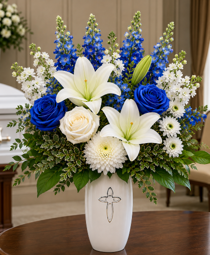 Heaven's Blue Promise Vase Call Us for Faster Service & Daily Specials: (915) 303-8500 Text Us to Order Anytime: (915) 505-3708 Your trusted source for Flowers & Delivery in El Paso TX 