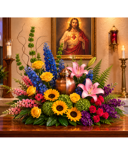Heaven's Colorful Embrace (Urn Not Included)  Call Us for Faster Service & Daily Specials: (915) 303-8500 Text Us to Order Anytime: (915) 505-3708 Your trusted source for Flowers & Delivery in El Paso TX 