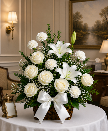 Heaven's Gentle Embrace Basket Call Us for Faster Service & Daily Specials: (915) 303-8500 Text Us to Order Anytime: (915) 505-3708 Your trusted source for Flowers & Delivery in El Paso TX 
