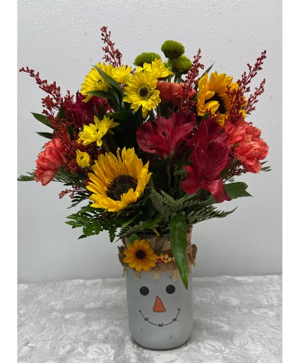 Scarecrow Smiles Bouquet Glass Mason Jar Vase Arrangement