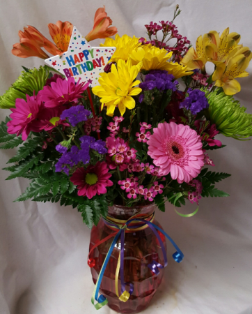 Birthday Celebration Bouquet...bright flowers (B) ARRANGED in a vase with Happy Birthday Pic.