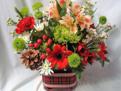 "HOLIDAY FAVORITE"..(H)..  CUBE VASE WITH HOLIDAY  RIBBON AND GREEN, RED AND WHITE FLOWERS!(No Christmas Greens...Great for loved ones in the nursing homes that can't tolerate the smells) 