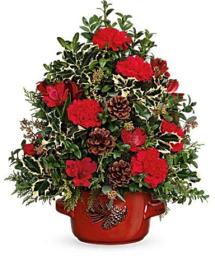 Holly and pinecones tree by Teleflora stoneware