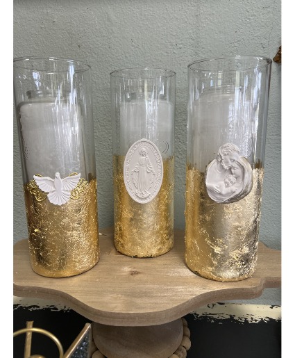Holy Candle in Gold Glass Vase 