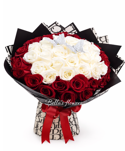 Hot & Cold Butterfly Bouquet Red and White Roses.