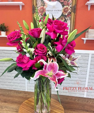Hot Pink and Lilies  Tall vase clear 