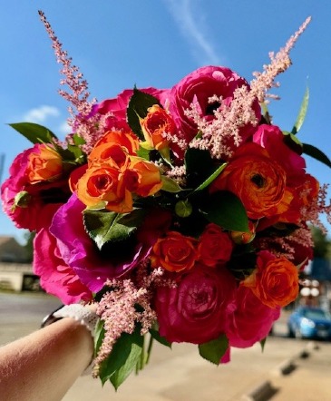 Hot Pink and Orange Hand-Tied Bouquet in Denison, TX | JUDY'S FLOWER SHOPPE