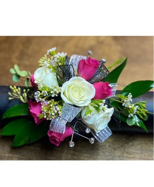 Hot Pink and White Spray Rose W/ Bling Wrist Corsage