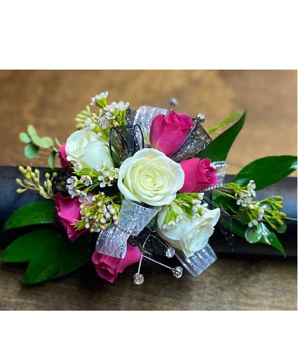 Hot Pink and White Spray Rose W/ Bling Wrist Corsage