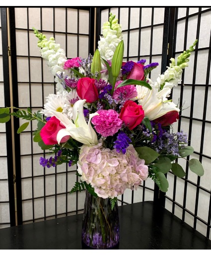 Hot Pink, Lavender And White Bloomed Fresh Arrangement 