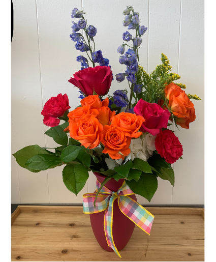 HOT PINK, ORANGE AND BLUE BLOOMS FRESH VASED ARRANGEMENT