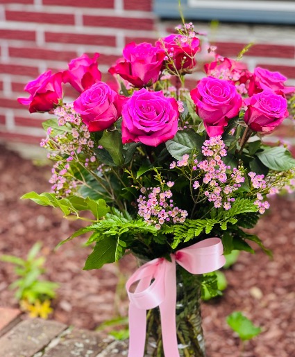 Hot Pink Roses  Clear Glass