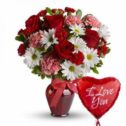 Hugs & Kisses Vase Arrangement Includes Balloon