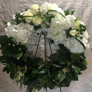 HYDRANGEA & LEMON LEAF FRESH WREATH SYMPATHY ARRANGEMENT