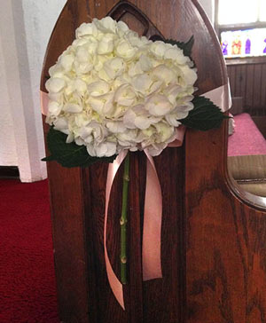 Hydrangeas in White Pew Hanger