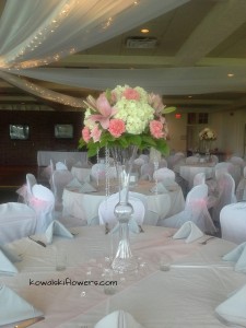 Hygrangeas & Roses Tall Reception Centerpieces in Whitesboro, NY | KOWALSKI FLOWERS INC.