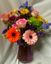 "Garden Delight"...(E) Colorful flowers arranged  in a vase! (CLEAR VASE)