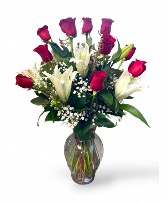 Red Roses and lilies In the Valley Vase Arrangement White, Pink  or Yellow  Lilies With a Bow