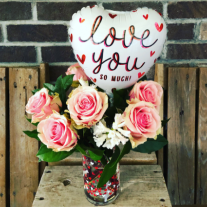 i LOVE you half dozen roses with assorted fillers and a balloon 