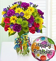 "BIRTHDAY POP OF COLOR BOUQUET" .(B) mixed flowers bright with a Happy Birthday Balloon included.