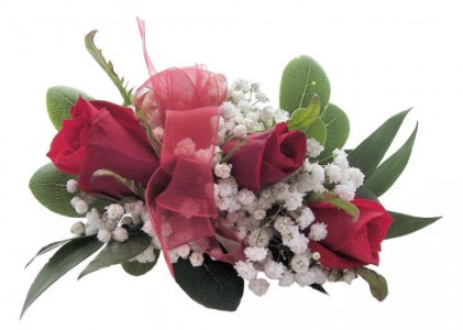 3 red sweetheart roses with baby's breath  (CO) with a wristband and red ribbon or choose your own color ribbon
