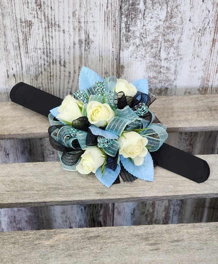 Iridescent Blue and Black Wrist Corsage 