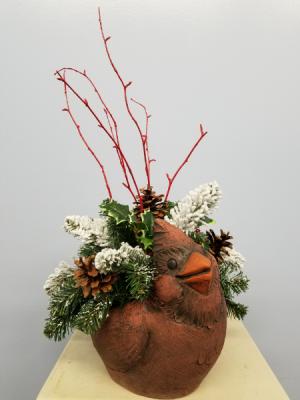 Isabel Bloom Red Cardinal Planter Shown with Silk Flowers