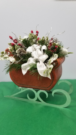 Isabel Bloom Sleigh with silk arrangement Shown with Silk Flowers