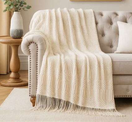 Ivory Waffle Stripe Blanket 
