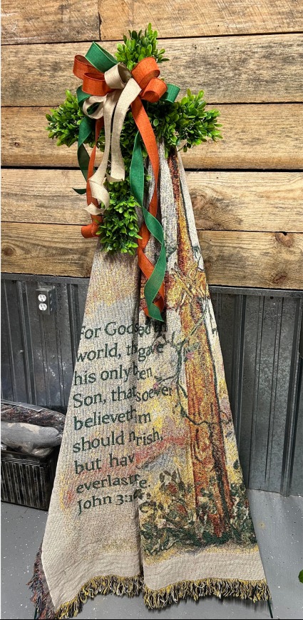 John 3:16 Throw with Boxwood Cross sympathy keepsake
