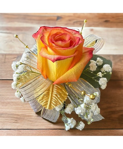 Peach and Gold Wrist Corsage