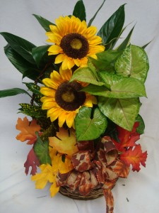 "Autumn Planter"...(F).. with SILK sunflowers,  and fall bow. Nice keepsake.