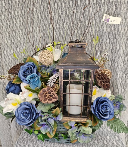 Lantern in Basket w/ Silk Flowers 